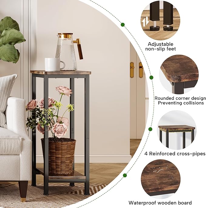 Homeiju 2-Pack Plant Stand Indoor, 2 Tier Wood Corner Plant Stand, Modern Square Plant Shelf Flower Stand for Living Room Patio Balcony Garden, Rustic Brown Homeiju