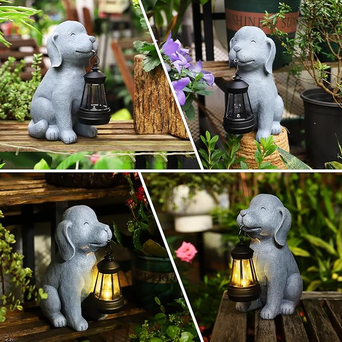 Solar Dog Garden Statue with Lantern, Outdoor Waterproof Dog Figurine Decor for Patio Yard Lawn, Birthday Garden Gifts for Women Mom Grandma, Housewarming Gift HSLILIMING