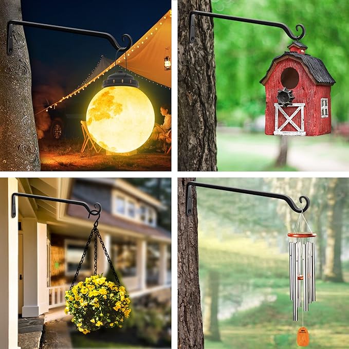FEED GARDEN 15 Inch 2 Pack Hand-Forged Hanging Plant Bracket Heavy Duty Metal Plant Hangers for Outdoor Hanging Bird Feeders Lanterns Wind Chimes Black FEEDGARDEN