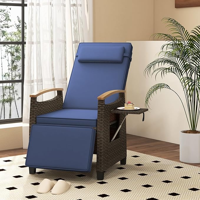 RELAX4LIFE Rattan Outdoor Recliner Chair - Wicker Chaise Lounge Chair w/Adjustable Back & Footrest, Acacia Wood Armrests, Flip Side Table, Cushion, Reclining Patio Chair for Pool Yard (1, Navy) RELAX4LIFE