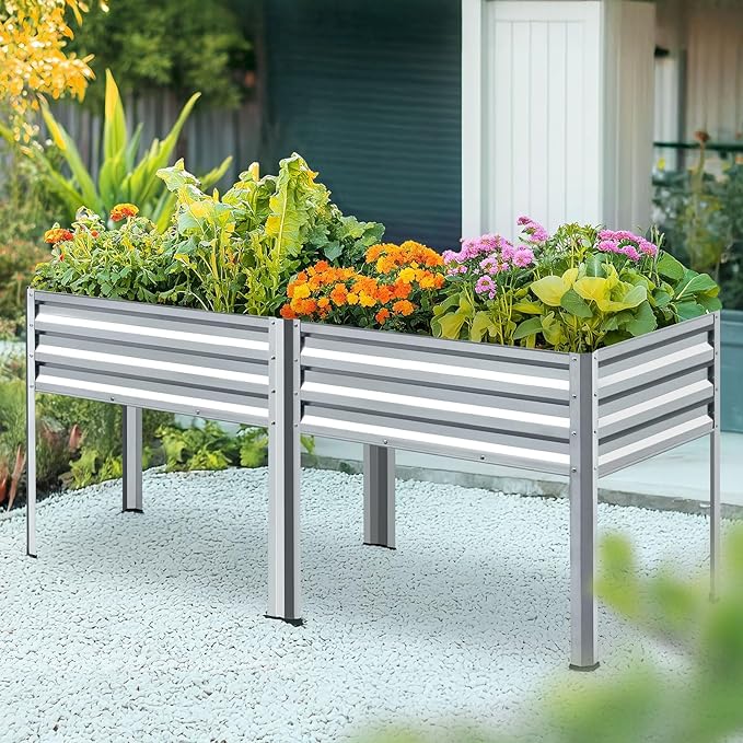 King Bird Raised Garden Bed with Legs Galvanized Large Elevated Planter Box for Backyard, Patio, Balcony, 600lb Capacity, Silver 70.9x22.8x31.5 in KINGBIRD
