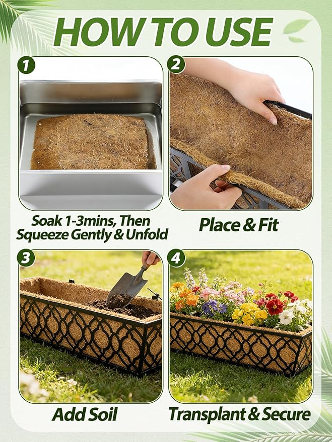 30in Tapered Coco Liners for Window Planter Box - 2 Pack 100% Natural Coconut Coir Fiber Liner Replacement for Deck Flower Box, Garden Railing Fence Wall Planter Basket ANPHSIN