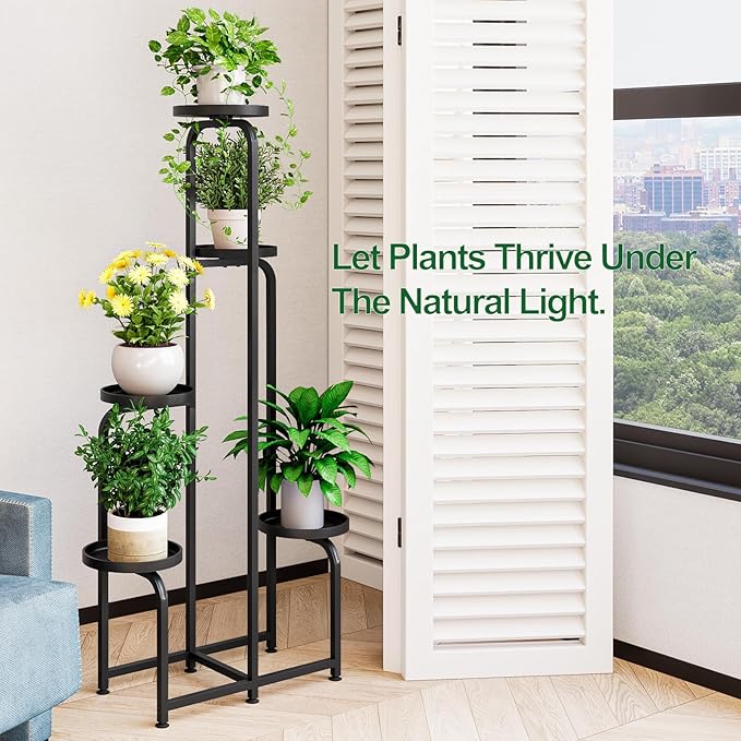 Plant Stand Indoor Outdoor 5 Tier Metal Plant Shelf for Multiple Plants Corner Flower Holders for Living Room Balcony Bedroom Patio Garden, Black (Black, 5-Tier) INGIORDAR