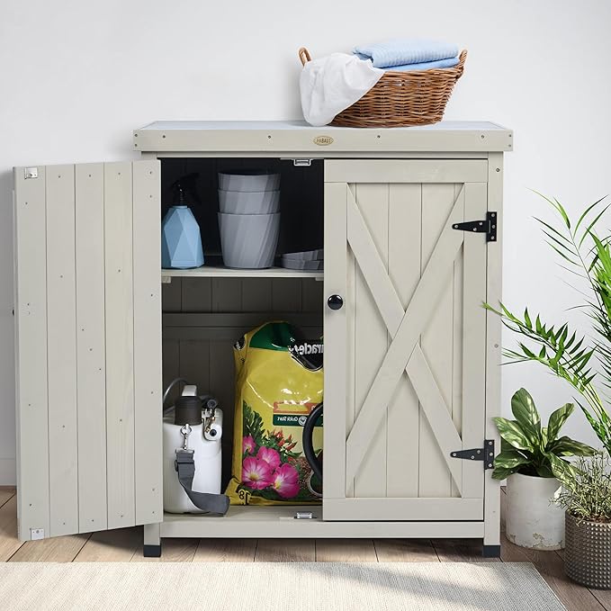 HABAU Outdoor Storage Cabinets Weatherproof for Patio, Garden Work Bench with Shelves & Metal Tabletop, Wooden Potting Table Workstation HABAU