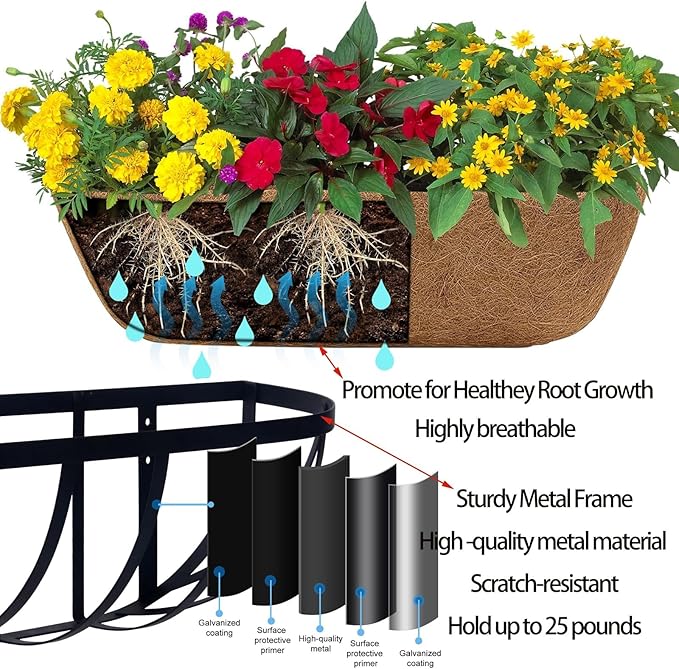 2 Pack 30" Railing Planter Window Box with Coco Fiber Liner Horse Trough Planter The Railing Planter Boxes for Deck Porch Fence Outdoor Rootora