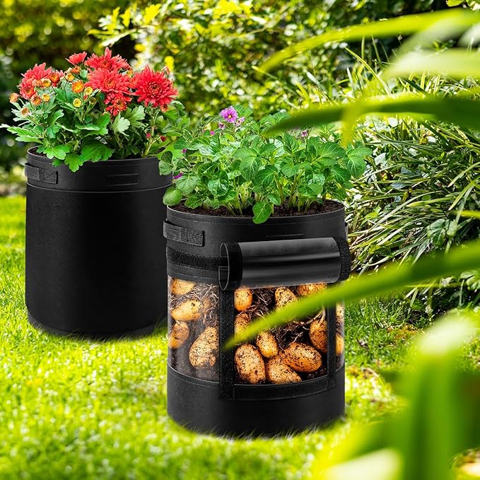 3 Pack 15 Gallon 360° Visibility Potato Grow Bags with Shading Flap, Plant Grow Bags for Growing Potatoes Heavy Duty Thickened Nonwoven Fabric Gardening Vegetable Growing Bags with Harvest Window WelcometoUJG%EF%BC%81