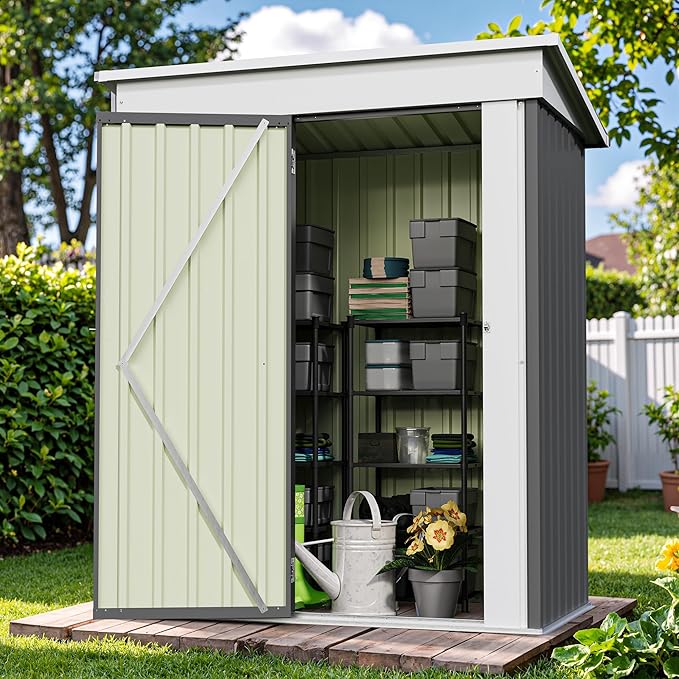 Patiowell 5x3 FT Outdoor Storage Shed, Garden Tool Shed with Sloping Roof and Lockable Door, Metal Shed for Backyard Garden Patio Lawn, Gray Patiowell