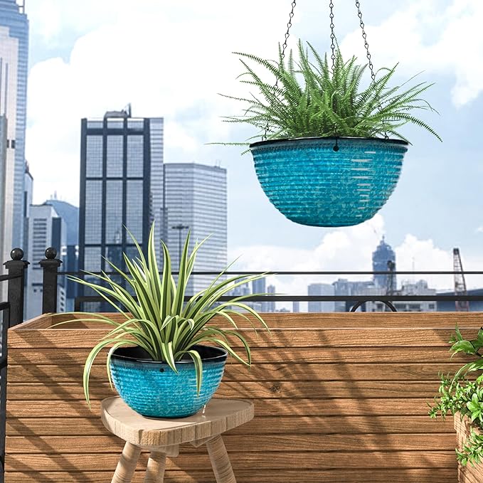 10 Inch Hanging Planter, 2 Pack Hanging Planters for Indoor Outdoor Plants Self Watering Hanging Pots with Drainage Holes for Garden Home (Snowflake Blue) Vanslogreen
