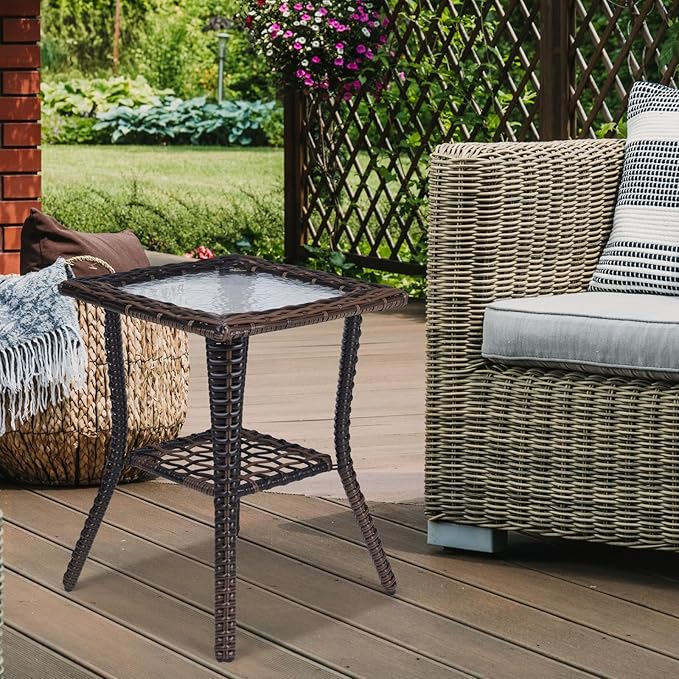 VINGLI Outdoor Side Table with Storage Wicker Patio Side Table, Tempered Glass Top End Table for Balcony Porch Deck (Brown) VINGLI