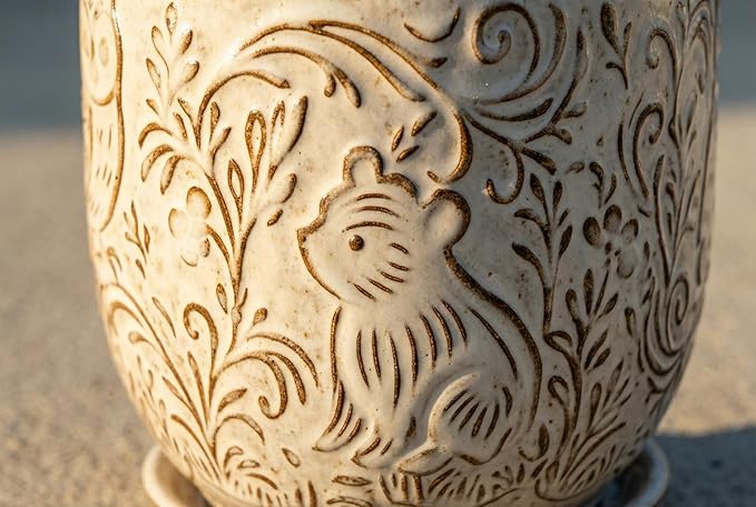 Decorative Ceramic Planter Pot with Saucer, Brown with Gold and Silver Owl Pattern, Indoor Garden Container with Drainage (White, 6 inch) Claybourne