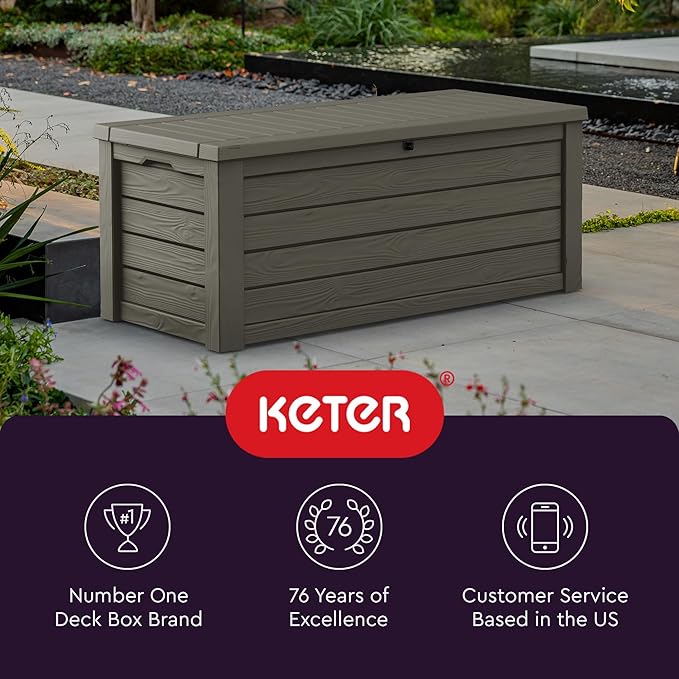Keter Westwood 150 Gallon Resin Large Outdoor Storage Box for Patio Furniture, Outdoor Cushions, Garden Tools and Pool Floats, Taupe Keter