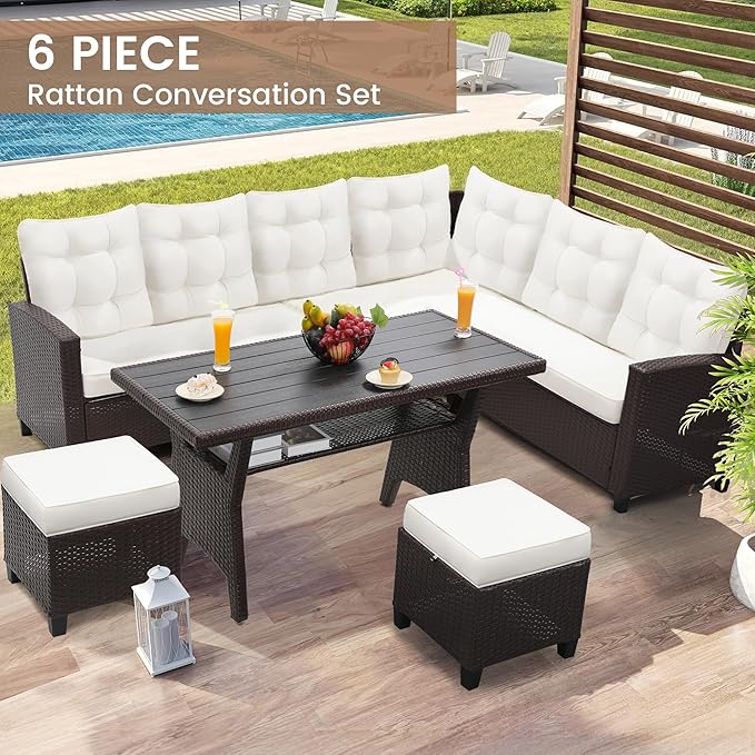 KROFEM6-Piece Patio Furniture Set, Outdoor Sectional Sofa with Dining Table & Chairs, All-Weather Dining Set with Removable Cushion Covers, Ideal for Garden, Porch, Backyard, White KROFEM