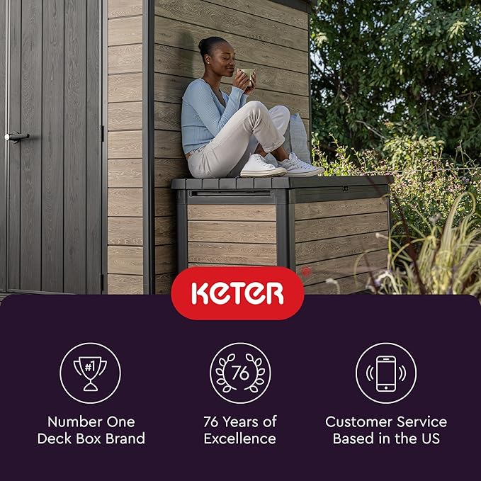 Keter Signature Collection 150 Gallon Resin Deck Box Organization and Storage Box for Patio Outdoor Cushions, Throw Pillows, Garden Tools and Pool Supplies, Ashwood Keter