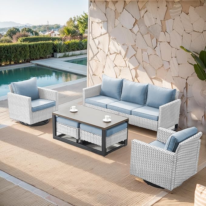 Belord 6 Piece Outdoor Furniture Patio Wicker Sofa Set, Oversize Outdoor Swivel Rocker Chairs with Rattan Ottomans, Conversation Sets Patio Furniture Come with Removable Cushion Baby Blue, Light Grey Belord