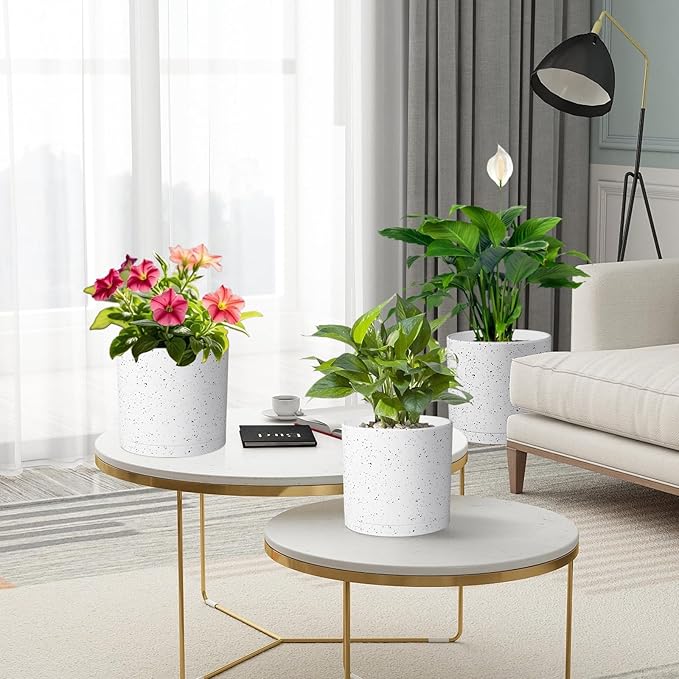 8/7/6 inch Flower Pots, 3 Set Cylindrical Plant Pots for Outdoor Indoor Plants, Decorative Plastic Planters with Drainage Holes and Saucers for Garden House Plants, White with Black Speckles Meowell