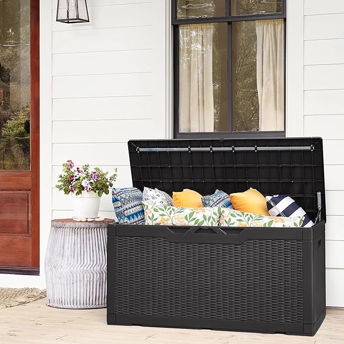 Flamaker Deck Box with Cushion 100 Gallon Waterproof Resin Storage Box with Air Rod Indoor Outdoor Lockable Storage Bench for Patio Furniture, Tools, Pool Accessories (Black) Flamaker