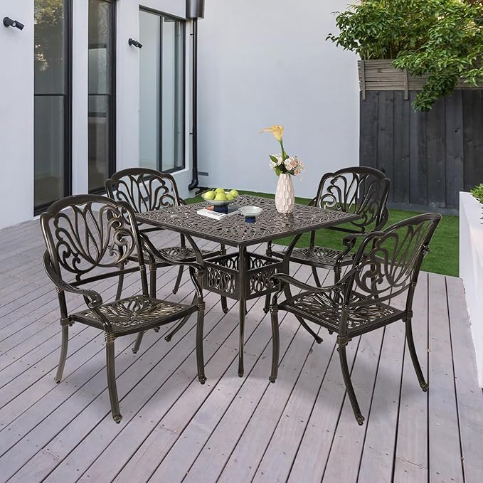 Cast Aluminum Outdoor Patio Dining Set, All Weather Outdoor Furniture Dining Set for Patio, Balcony, Lawn, Garden, Backyard (1 Square Table+ 4 Dining Chairs) Sumshadow