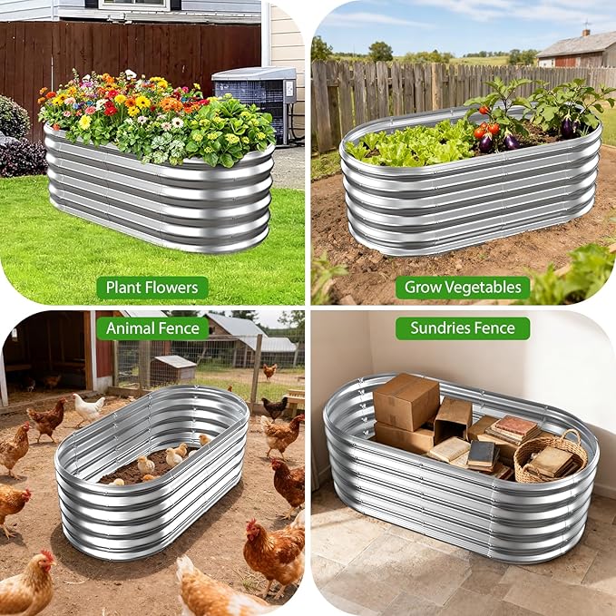 17" Tall Outdoor Garden Raised Garden Bed Kits, 4ft X 2ft Oval,0.8MM Thick Metal Raised Planter Bed/Ground Planter Box for Variety of Flowers,Herbs,Vegetables (Silver, 48X24X16.5 Inches) YSEJOMP