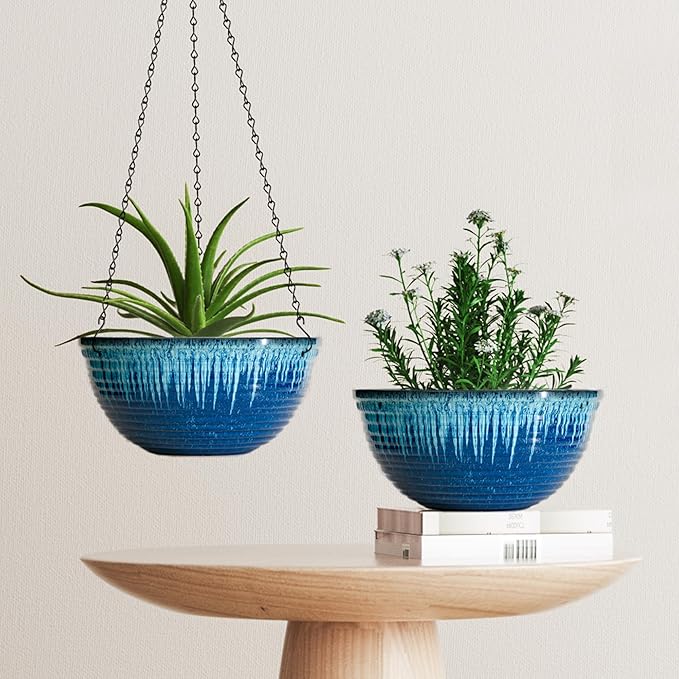 12 inch Hanging Planters for Indoor Outdoor Plants, 2 Pack Large Hanging Flower Pots with Drainage Holes and Chain, Glazed Hanging Baskets for Home Garden Decoration (Blue Flow Glaze) Vanslogreen