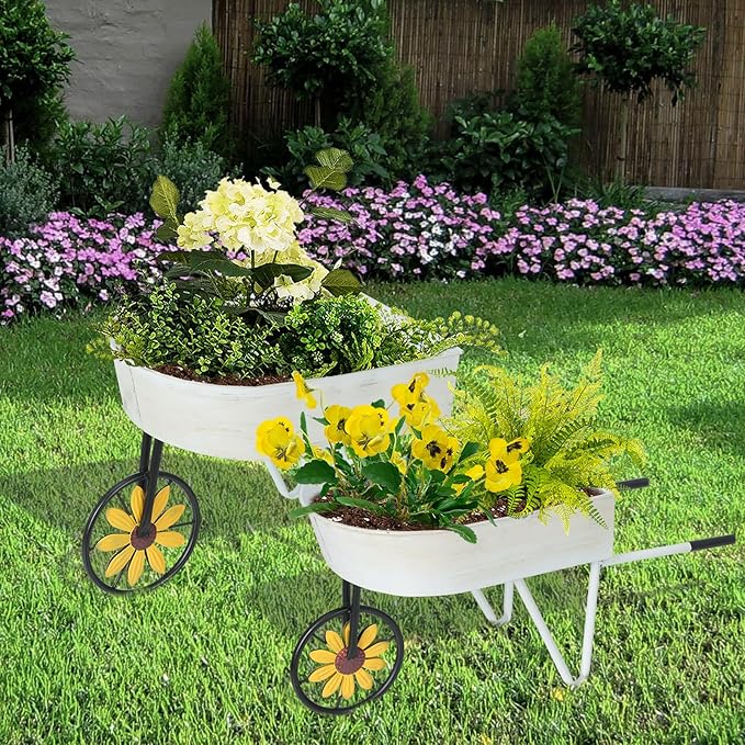BAYN Metal Wheelbarrow Flower Cart Planter, 2 Packs Plant Stands with Triangular Support Handles Non-Rolling Wheel Vintage Wagon Planter Pots for Home Patio Garden Backyard Rustic Outdoor Decor BAYN