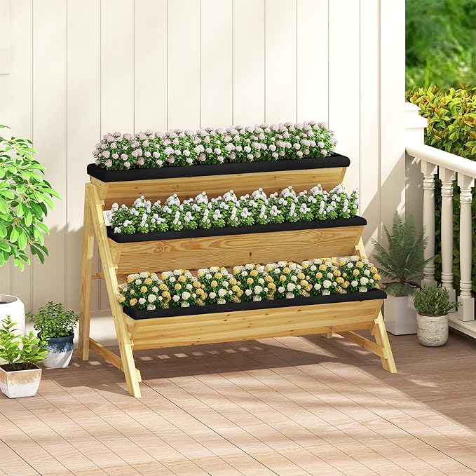 Giantex 3-Tier Vertical Raised Garden Bed, Wood Elevated Planter Box with Legs, Storage Shelf, Liners for Growing Vegetables Herbs Flowers, Indoor Outdoor Freestanding Raised Bed for Patio (Natural) Giantex
