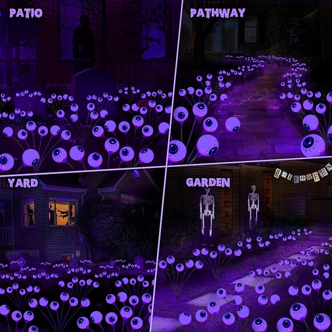 BrizLabs Halloween Eyeball Lights, 2 Pack 12 LED Solar Halloween Lights, 2 Modes Outdoor Spooky Walkway Light, Purple Swinging Firefly Light, Outside Purple Pathway Lighting for Yard Garden Lawn Party BrizLabs