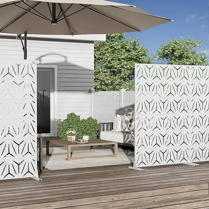 Casaphoria Metal Privacy Screen Outdoor, 72" H x 47" W Freestanding Decorative Privacy Screen for Patio Deck Balcony Garden with Stable Base, White-Star Casaphoria