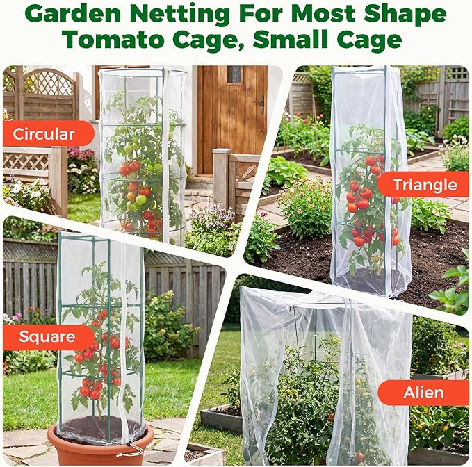3Pcs Garden Bird Netting Plant Cover for Tomato Cage, 67" x 17.7" Insect Bird Barrier Tomato Cage Net with Zipper, Tomato Trellis Plant Netting Cover for Square Tomatoes Cages Plants Garden Protection WYRJXYB