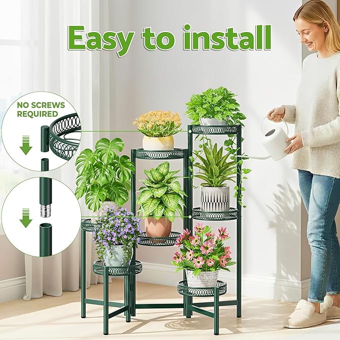 7 Tier Metal Corner Plant Stand Indoor Outdoor, Folding Tall Plant Rack, Heavy Duty Wrought Iron Flower Pot Stand, Planter Display Rack for Living Room Balcony Garden Patio - GreenFlower Rootora