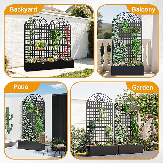 Metal Raised Garden Bed with Trellis, 79"x40"x11.8" Planter Box with Privacy Screen for Patio Deck, Freestanding Divider Fence with Drainage Holes for Climbing Plants Vines & Vegetable XOCUWU