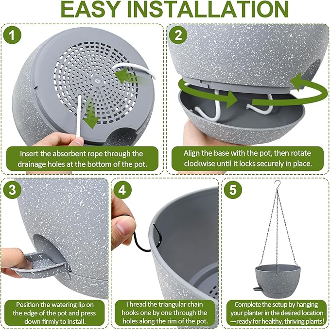 WOUSIWER Self Watering Hanging Planters, 2 Pack 12'' Plastic Pots with Drainage Holes & Reservoir Tray (Speckled Grey) | Indoor & Outdoor Use for Ferns, Ivy, Herbs, Succulents WOUSIWER