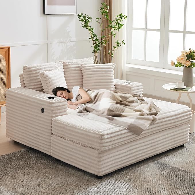 GarveeHome 60-inchOversized Chaise Lounge Chair Indoor, Comfy Corduroy Lounge Sofa with Charging Station, Cup Holders & Throw Pillows, Cozy Sleeper Couch for Living Room Apartments, Beige GarveeHome