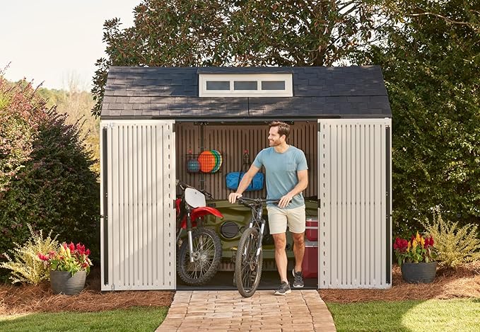 Rubbermaid Extra Large Resin Outdoor Storage Shed With Floor (7 x 10.5 Ft.) Weather Resistant Brown Organization for Home/Lawn Mower/Backyard Equipment/Bike Storage/Pool Supplies Rubbermaid