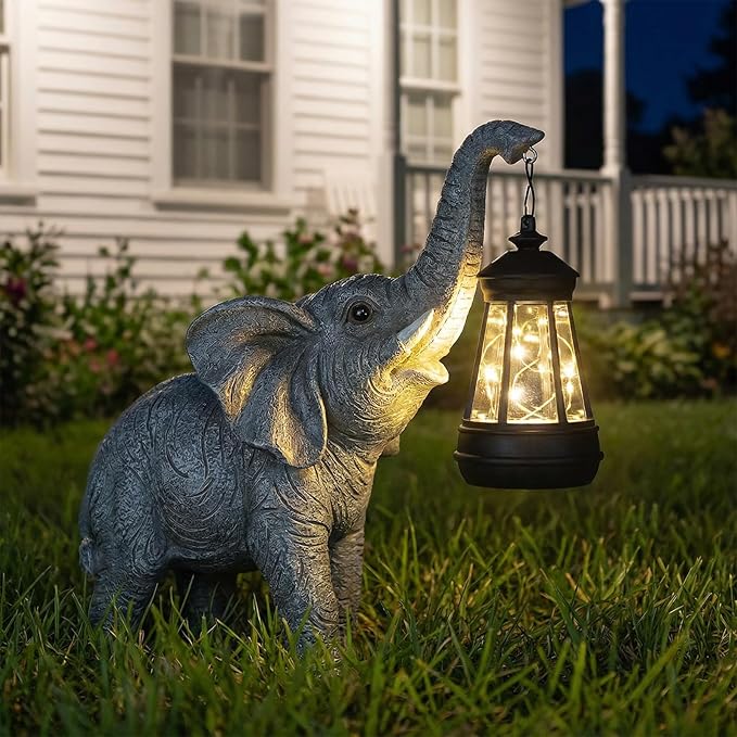 Solar Garden Statue Lights Elephants Figurine with Solar Lantern, Outdoor Yard Decorations for Patio Porch Home, Mothers Day Decorations Gift for Women - Unique Housewarming Gifts Candieslife