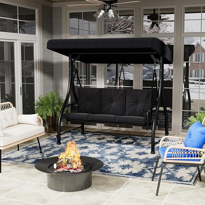 U-MAX Porch Swing Chair with Adjustable Backrest&Canopy, 3 Seat Patio Swing with Canopy 2-in-1 Convertible Outdoor Swing with Canopy Patio Daybed with Removable Black Cushions for Adults U-MAX