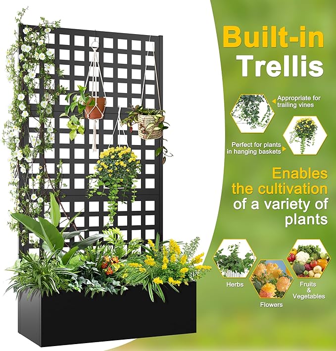 FENCY Metal Raised Garden Bed with Trellis, Metal Planter Box with Trellis, Garden Box for Climbing Plants Vegetable, 35''Lx16''Wx71''H Garden Bed with Drainage Holes(Black) FENCY