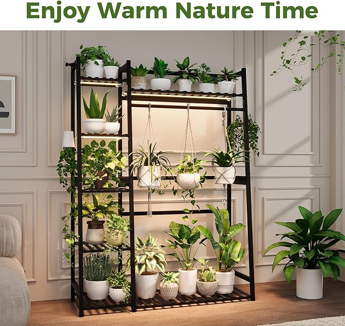 Bamworld Plant Shelf Indoor 55" Tall Bamboo Plant Shelves 5 Tier Hanging Plant Stand Large Ladder Shelf Flower Stand Plant Holder Plant Rack for Garden Balcony Home Decor Living Room Bedroom Black Bamworld