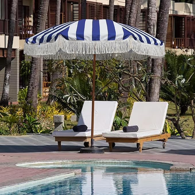 AMMSUN 7ft Patio Umbrella with Fringe Outdoor Tassel Umbrella UPF50+ Wood Color Steel Pole and Steel Ribs Push Button Tilt, Navy Stripe AMMSUN