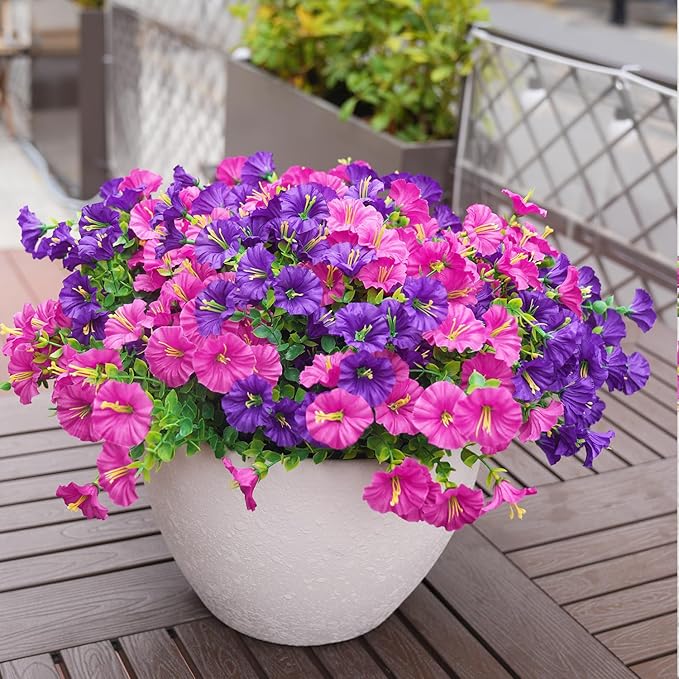 Artificial Flowers for Outdoors, UV Resistant Fake Silk Morning Glory, Realistic Faux Plants for Outside Porch Patio Window Box Hanging Planter (12, Purple Fuchsia) maxkes