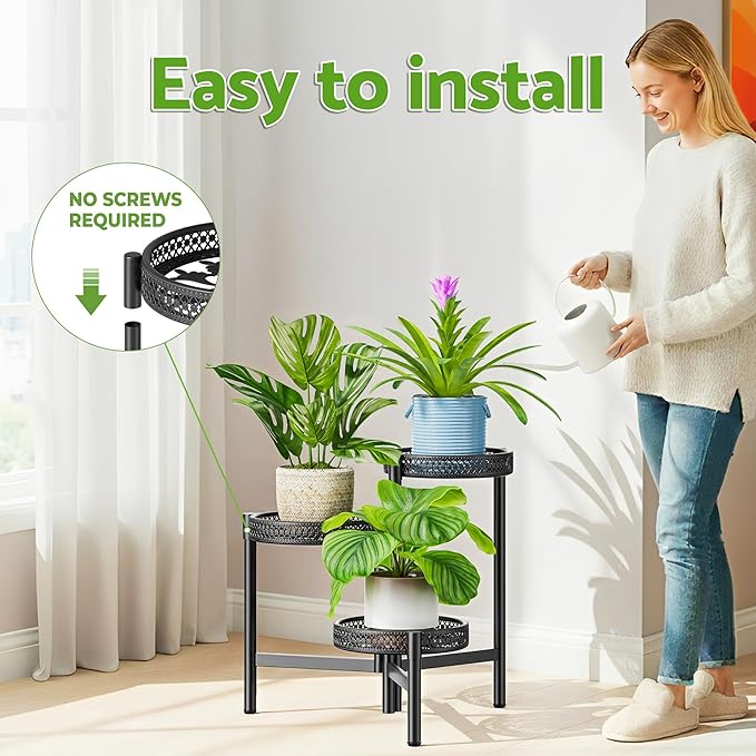 Metal Plant Stand Indoor Outdoor, 3 Tier Corner Tall Plant Shelf for Multiple Plants, Tiered Plant Stand, Heavy Duty Flower Plant Holder, Folding Tall Rack for Garden Patio Lawn Balcony - BlackWave Rootora