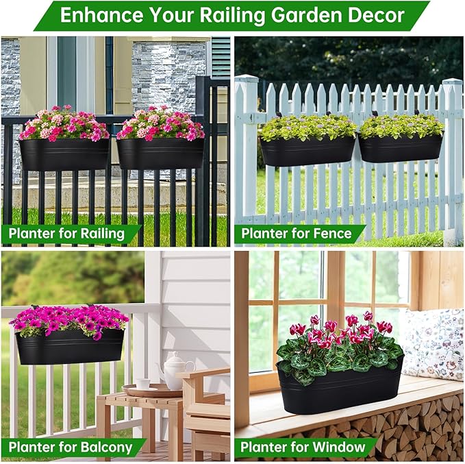 OGIMA Railing Planter Box, 3 Pack 16" Large Hanging Planters for Outdoor Plants with Adjustable Wide Hooks for 2.7'' Railings, Balcony Planters Railing Hanging for Deck, Fence & Patio Decor OGIMA