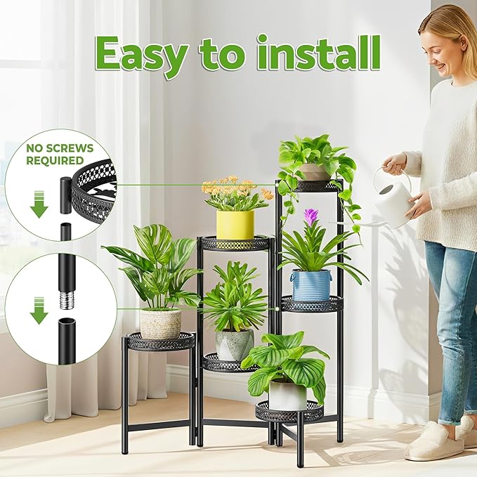 6 Tier Metal Plant Stand Indoor Outdoor, Corner Tall Plant Shelf for Multiple Plants, Foldable Heavy Duty Plant Holder, Decoration Flower Stand for Living Room Balcony Patio Garden- BlackWave Rootora