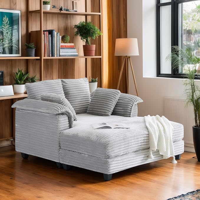 VINGLI 56" Oversized Chaise Lounge Chair, Light Grey Comfy Corduroy Chaise Sofa Recliner Bed Upholstered Sleeper Couch Bed with Throw Pillows and Armrests for Living Room, Movie Room, Bedroom VINGLI
