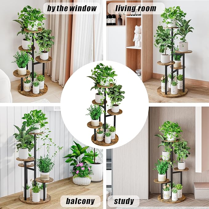Plant Stand Indoor 5 Tier 8 Potted Multiple Flower Pot Holder for Patio Garden Balcony Living Room Corner (5 Tier Black+Rustic Brown) INGIORDAR