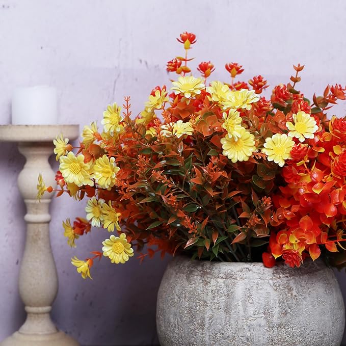 16 Bundles Artificial Plants Outdoor Fake Fall Flowers Mums for Garden Decor for Window Garden Office Patio Hanging Planter Pathway Front Porch (Mixed) YIBUKIY