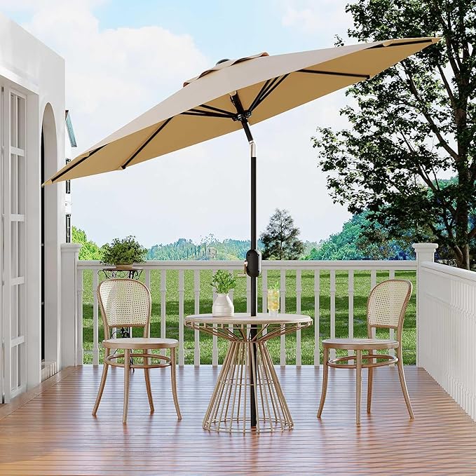 10 ft Patio Umbrella - 8 Sturdy Ribs Outdoor Table Umbrella with Crank Lift & Push Button Tilt - Market Umbrella for Pool, Deck, Yard, Garden - Tan Garvee