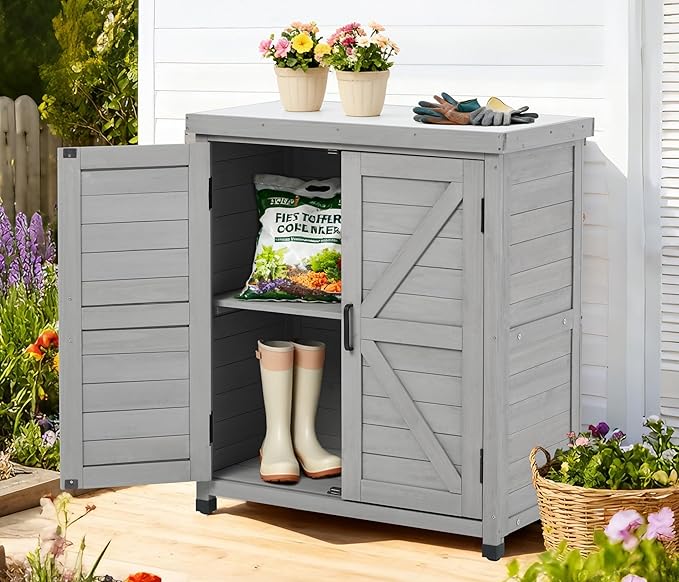 Outdoor Potting Bench with Storage Cabinet and Metal Top, Wood Workstation for Outdoor Patio, Garden (Classic Grey, 31x17x36‘’) Wood-Natrl