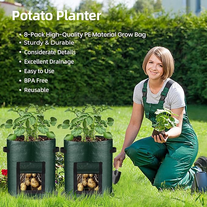10 Gallon 8-Pack Grow Bags, Durable PE Fabric Pots with Flap and Handles, Green Planter Bags for Potato Vegetables Flowers Herbs Garden Outdoor, 17.7''x13.8'' Large for All Plants Growing Lifeisbetterinthegarden