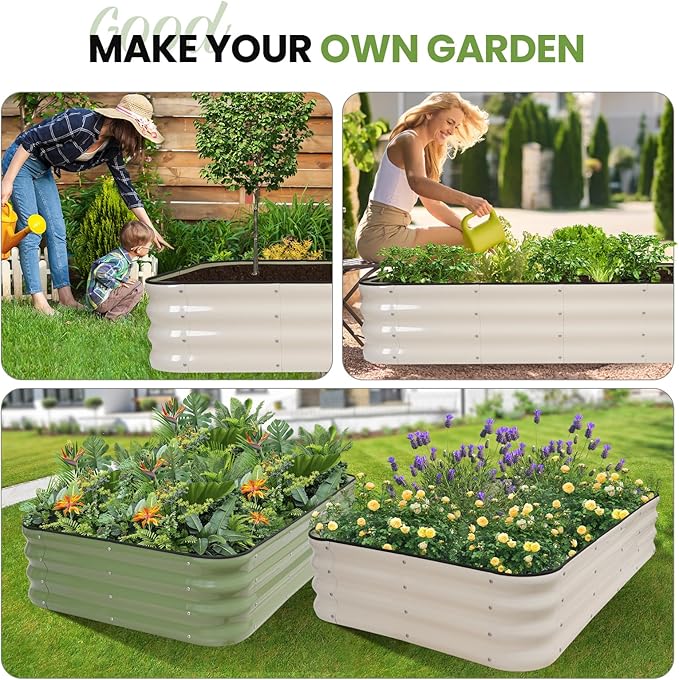 G GOOD GAIN 4-in-1 Adjustable Raised Garden Bed Kit | Galvanized Planter Boxes for Vegetables, Flowers | 12" Tall, Multiple Sizes (5x3x1ft, 4x4x1ft, 6x2x1ft, 7x1x1ft) | Outdoor Metal Raised Bed, White GGOODGAIN