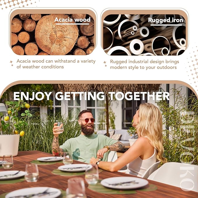 Devoko Home Acacia Wood Dining Table 6-Person Indoor Outdoor Table with Iron Legs, Sandblast Finish, Natural Stained, Rustic Metal, 69 * 33 * 30 inch (Walnut Brown) DEVOKO